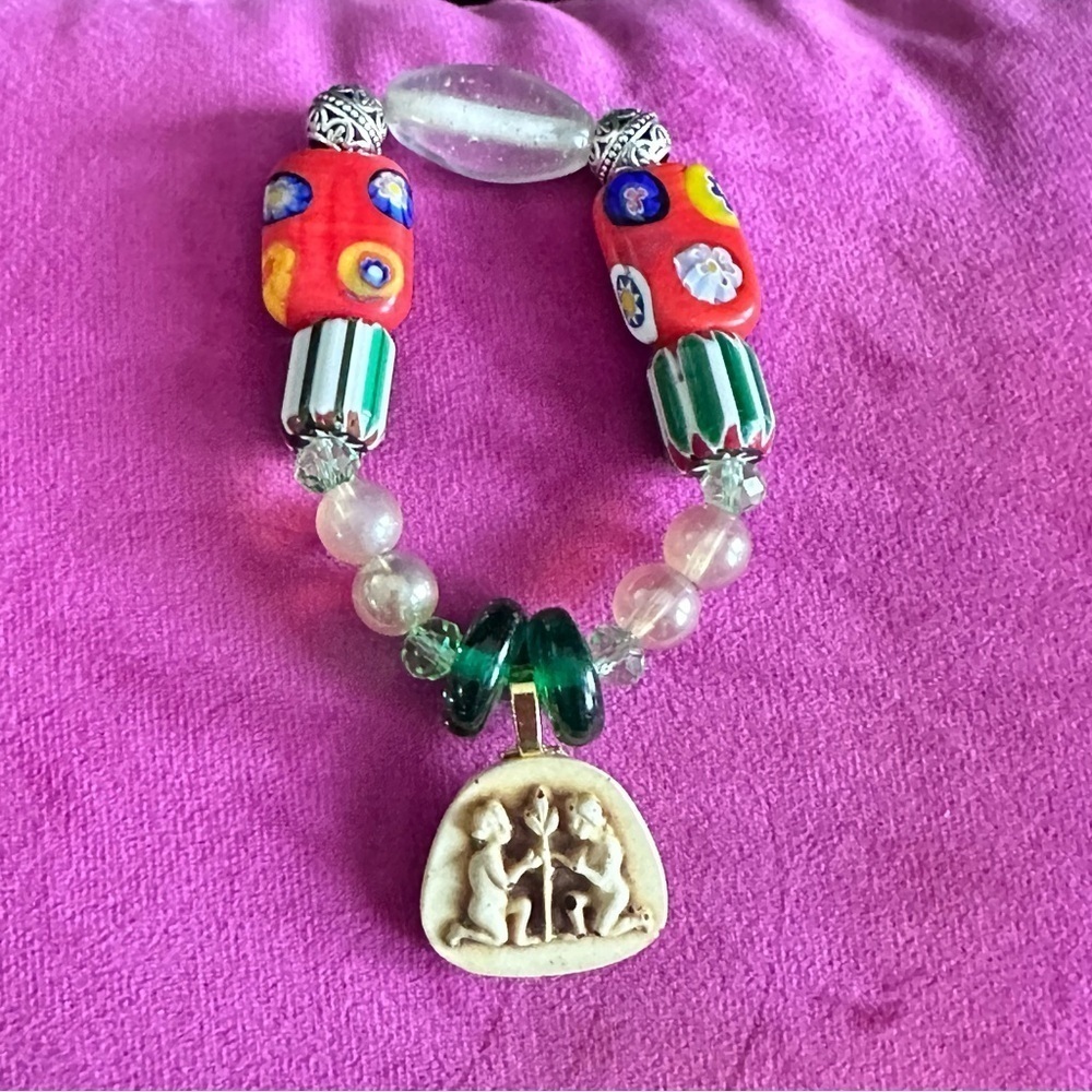 Beaded Bracelet Glass And Ceramic LOVE Carved Charm Stretch Handmade 6.5-7